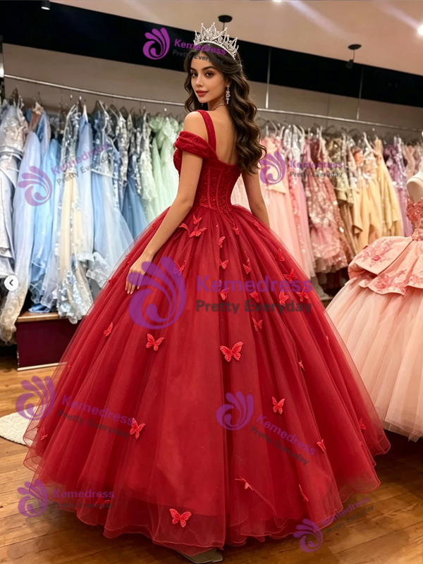 Red Tulle Straps Butterfly Quinceanera Dress