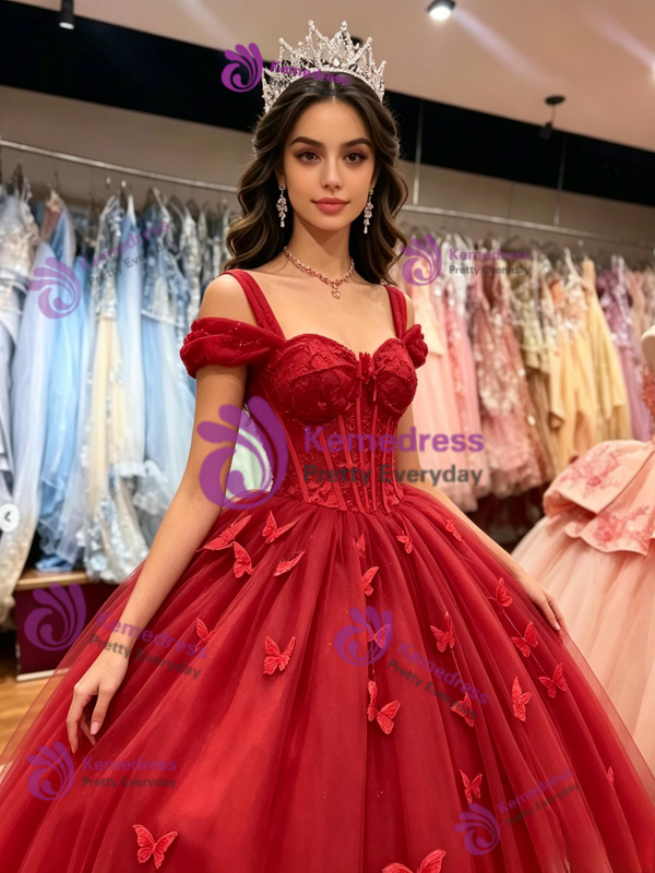 Red Tulle Straps Butterfly Quinceanera Dress