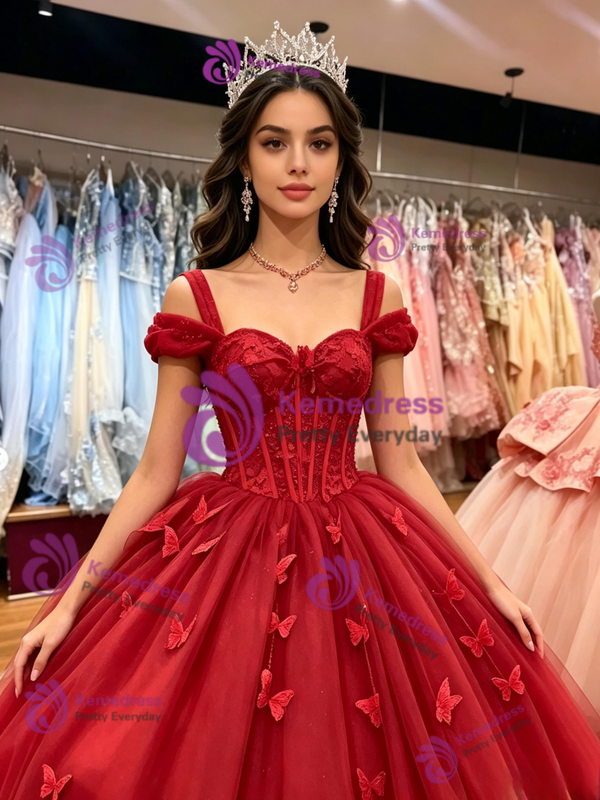 Red Tulle Straps Butterfly Quinceanera Dress