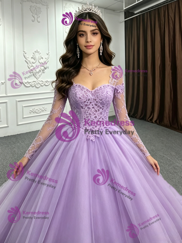 Purple Tulle Long Sleeve Lace Quinceanera Dress