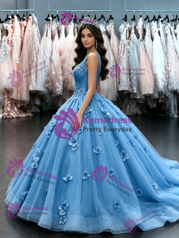 Blue Tulle V-neck Flower Quinceanera Dress