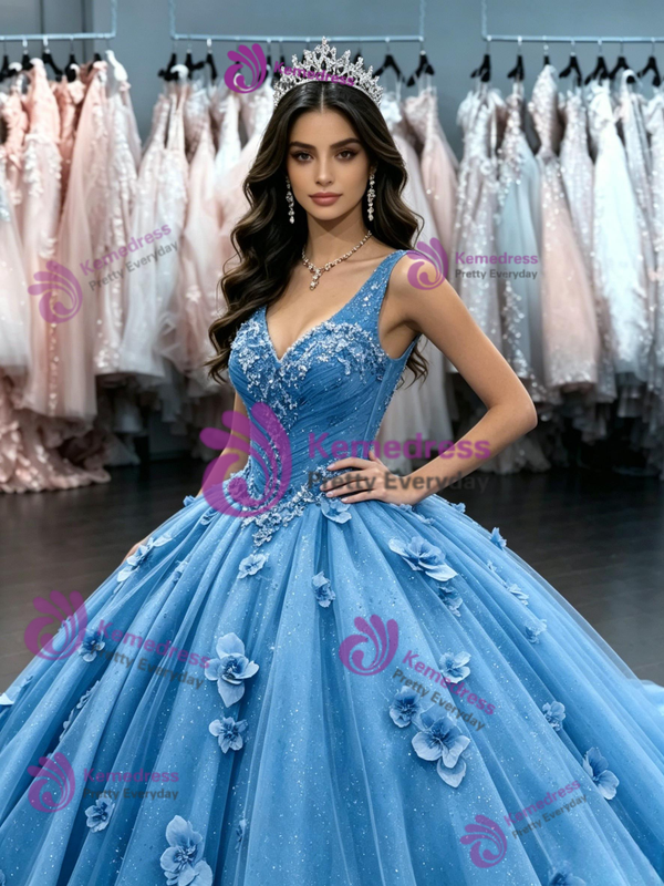Blue Tulle V-neck Flower Quinceanera Dress