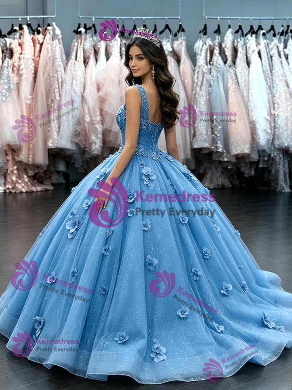 Blue Tulle V-neck Flower Quinceanera Dress