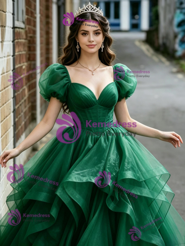 Green Tulle Puff Sleeve Quinceanera Dress