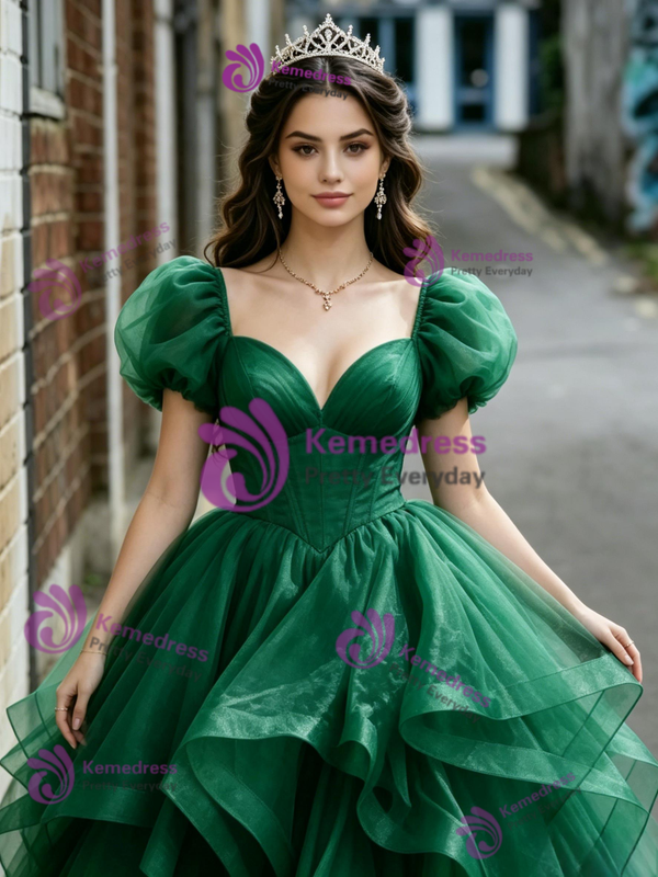 Green Tulle Puff Sleeve Quinceanera Dress