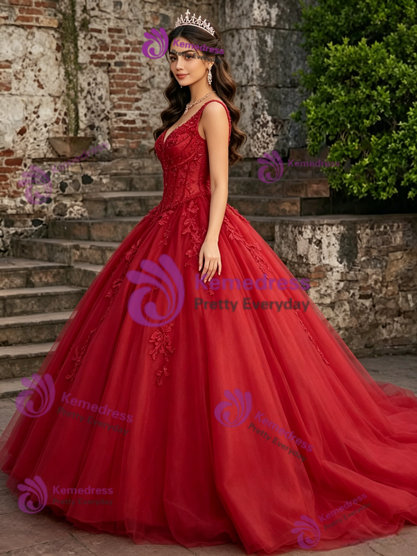 Red Tulle V-neck Appliques Quinceanera Dress