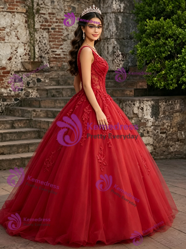 Red Tulle V-neck Appliques Quinceanera Dress