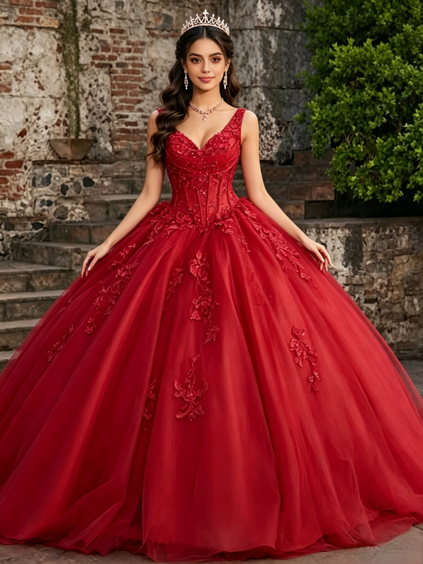 Red Tulle V-neck Appliques Quinceanera Dress
