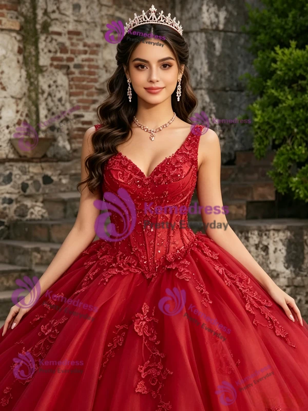 Red Tulle V-neck Appliques Quinceanera Dress