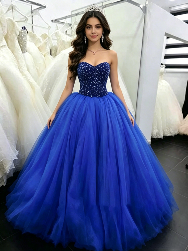 Royal Blue Tulle Strapless Quinceanera Dress