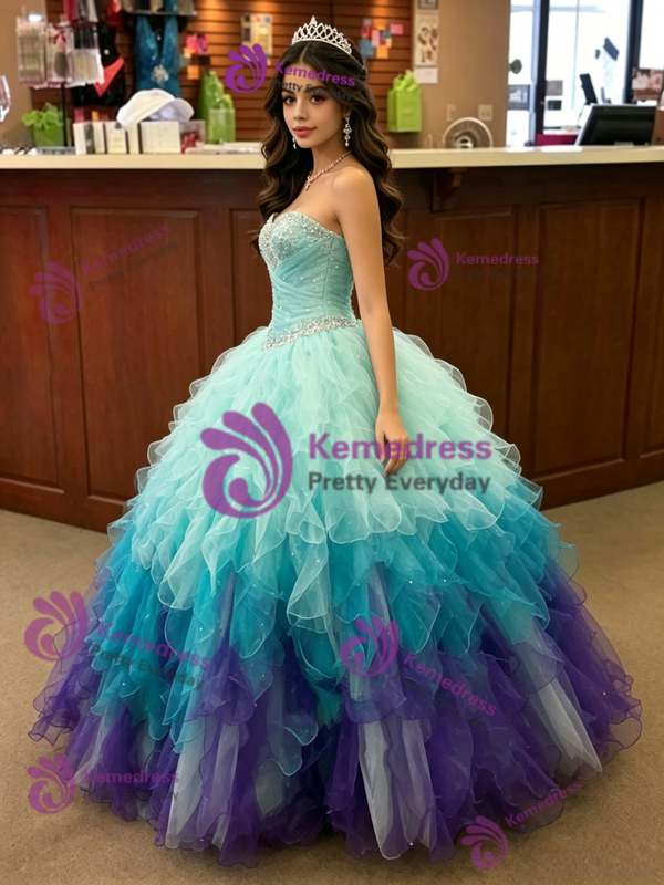 Blue Tulle Strapless Beading Quinceanera Dress