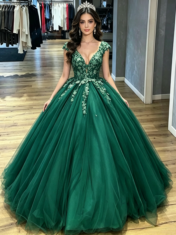 Green Tulle V-neck Appliques Quinceanera Dress