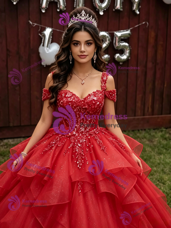Red Tulle Straps Quinceanera Dress