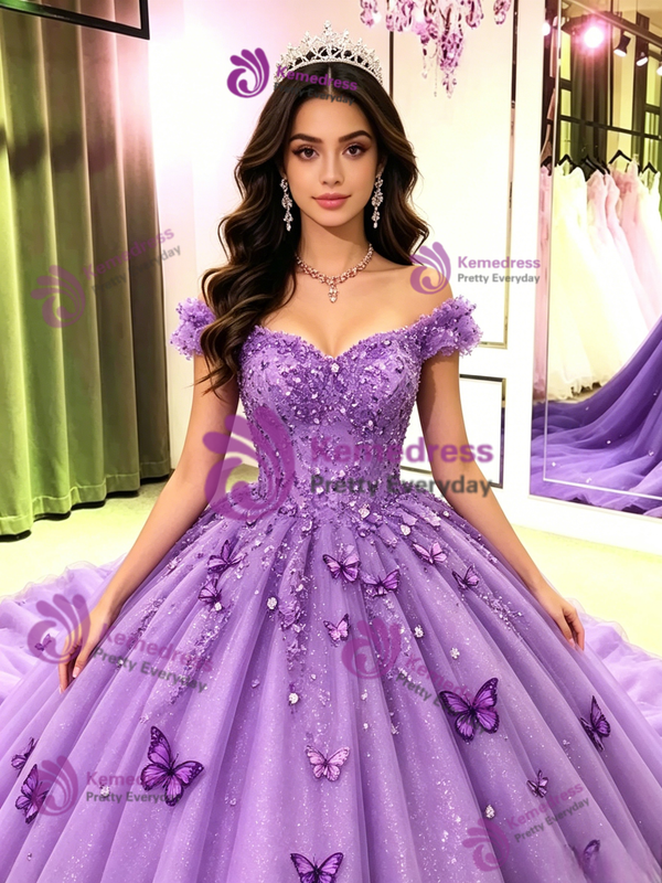 Purple Tulle Off the Shoulder Quinceanera Dress