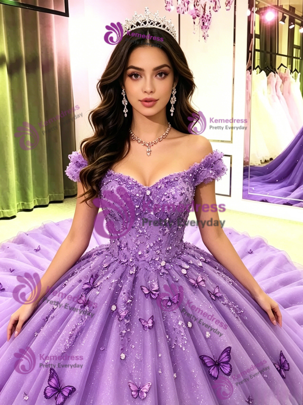 Purple Tulle Off the Shoulder Quinceanera Dress