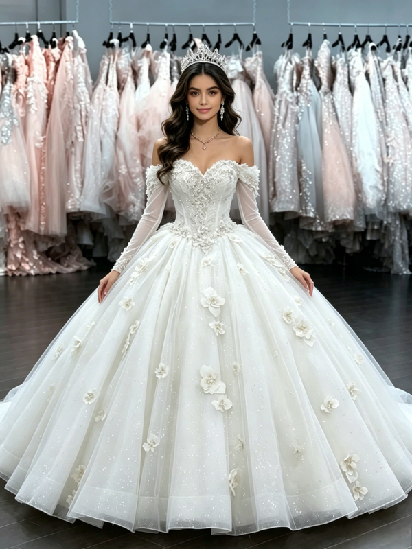 White Tulle Flower Wedding Dress