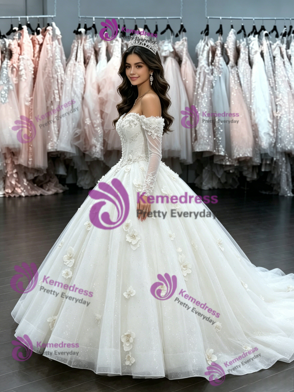 White Tulle Flower Wedding Dress