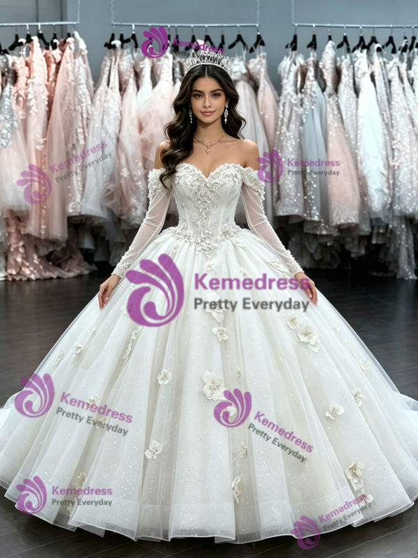 White Tulle Flower Wedding Dress
