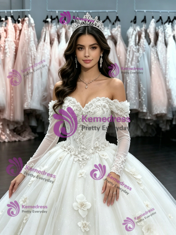 White Tulle Flower Wedding Dress