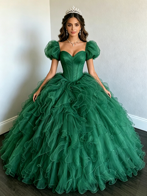 Green Tulle Puff Sleeve Quinceanera Dress