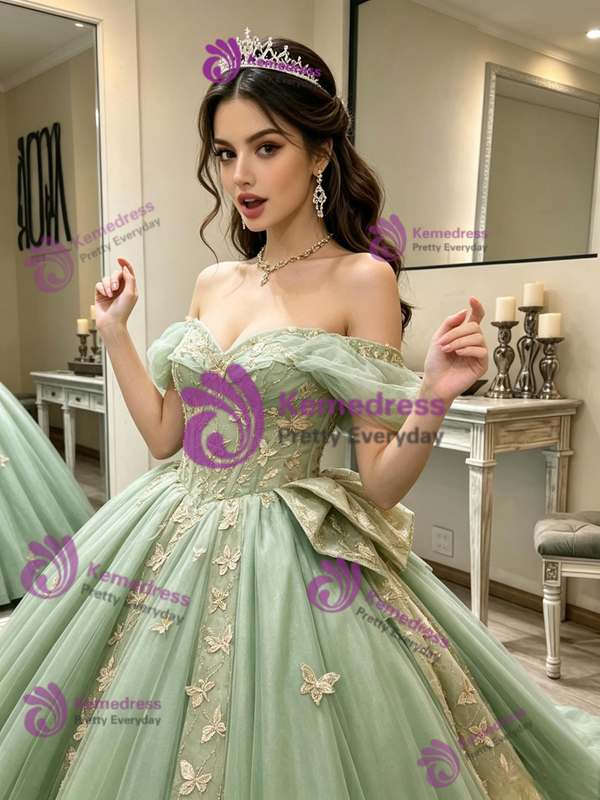 Green Tulle Off the Shoulder Butterfly Quinceanera Dress