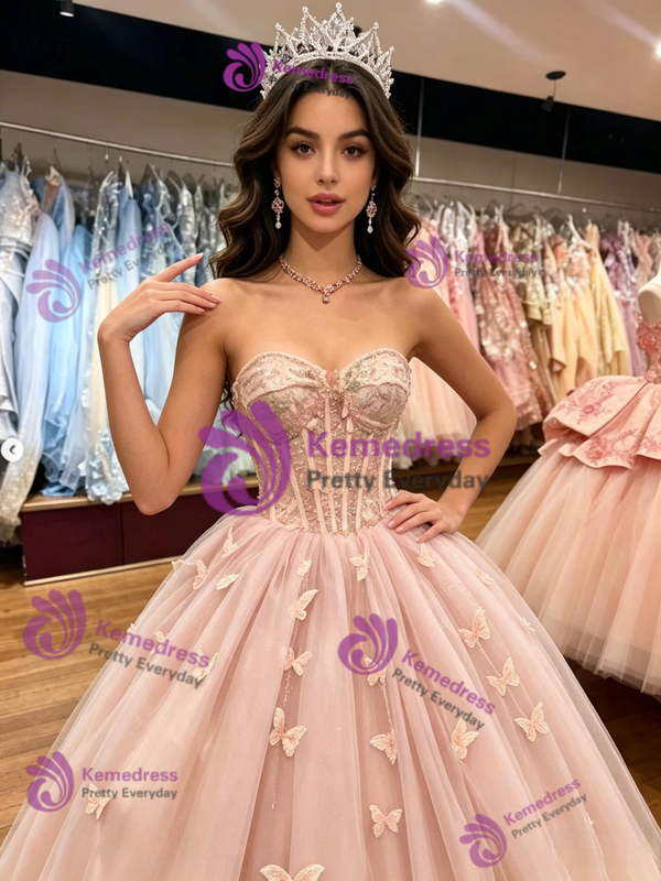 Pink Tulle Strapless Butterfly Quinceanera Dress
