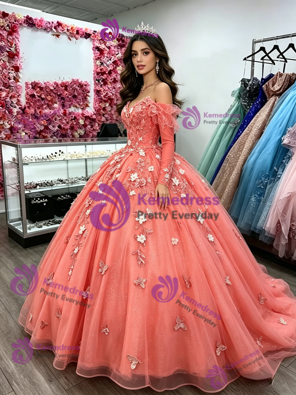Long Sleeve Tulle Appliques Quinceanera Dress