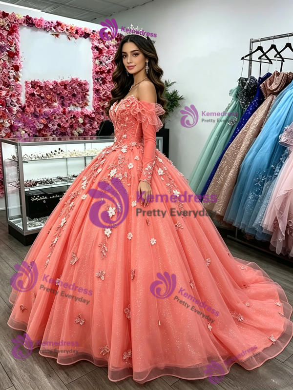 Long Sleeve Tulle Appliques Quinceanera Dress