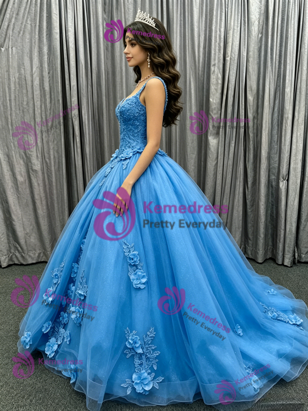 Blue Tulle Straps Flower Quinceanera Dress
