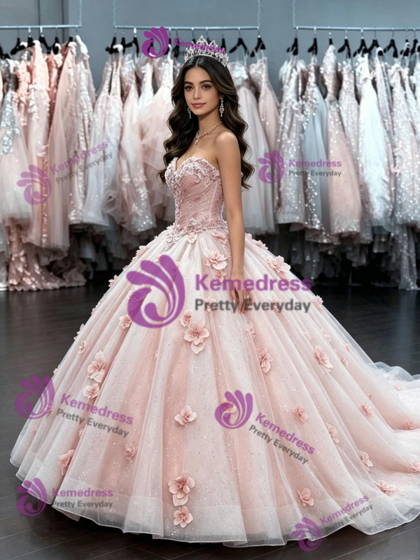 Pink Tulle Strapless Flower Quinceanera Dress