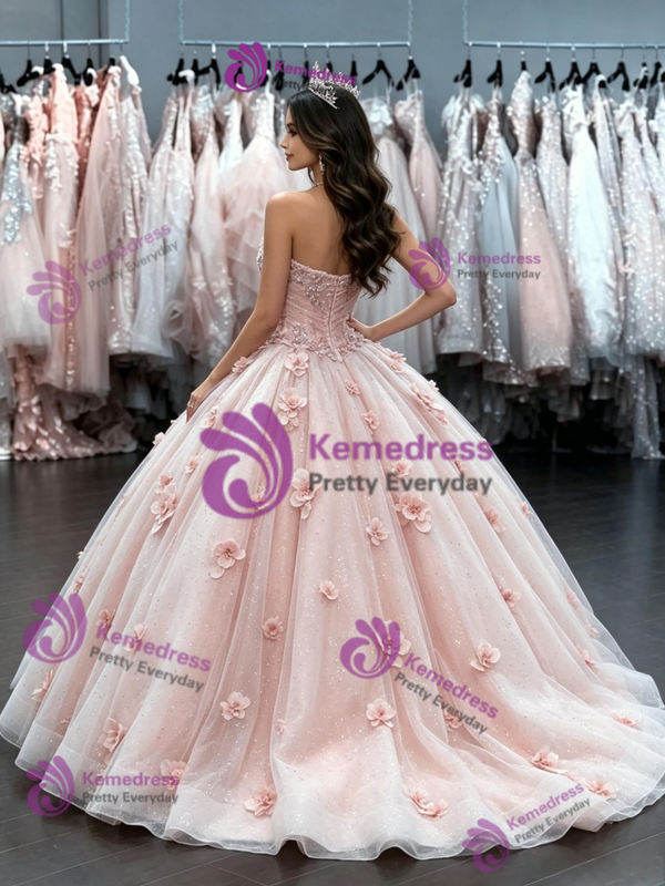Pink Tulle Strapless Flower Quinceanera Dress