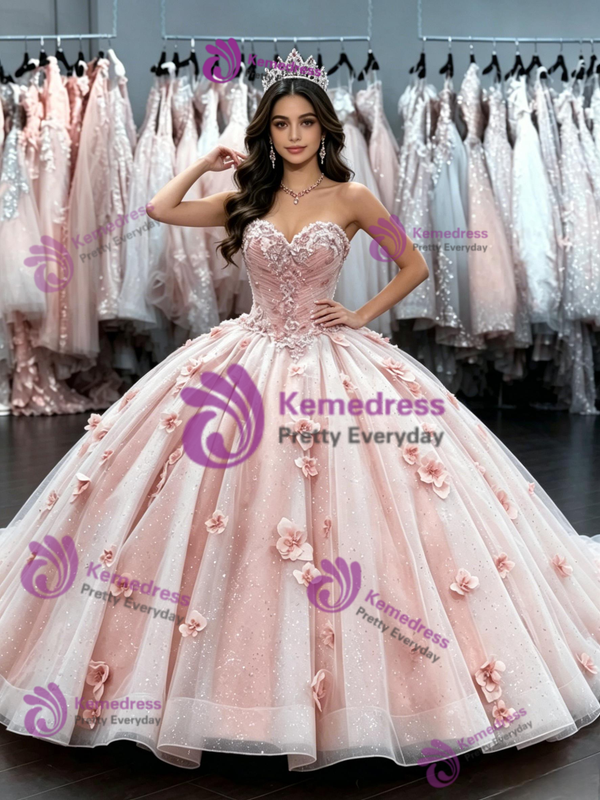 Pink Tulle Strapless Flower Quinceanera Dress