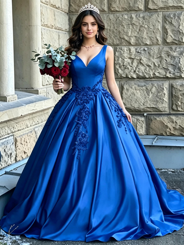 Royal Blue Satin V-neck Appliques Quinceanera Dress