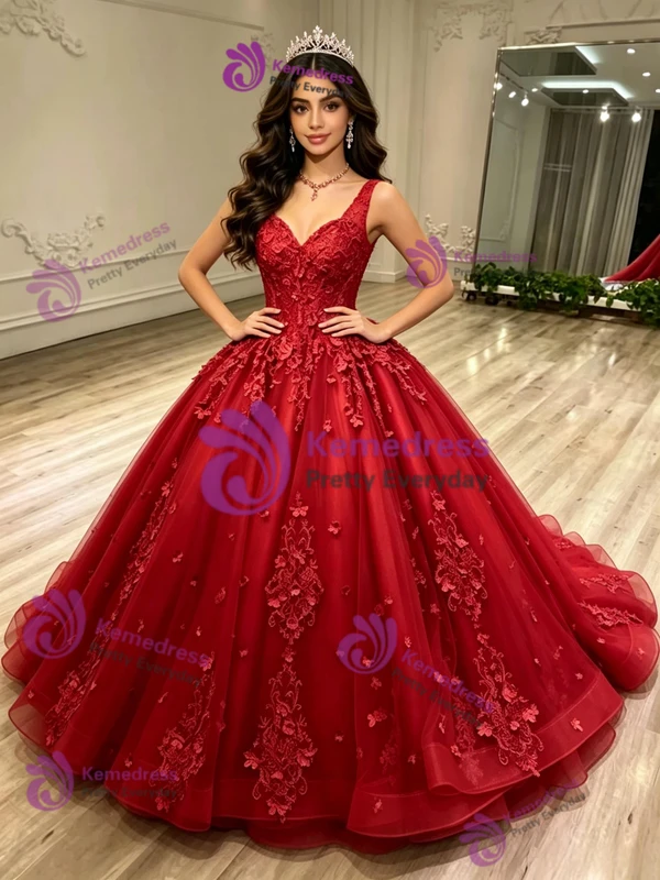 Red Tulle V-neck Appliques Quinceanera Dress