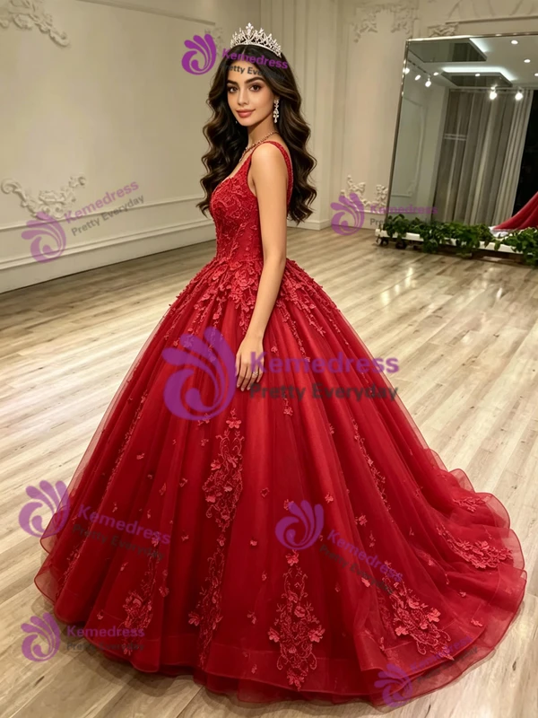 Red Tulle V-neck Appliques Quinceanera Dress