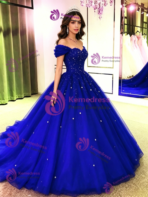 Royal Blue Tulle Off the Shoulder Quinceanera Dress