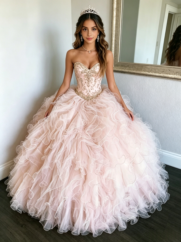 Pink Tulle Strapsless Beading Quinceanera Dress