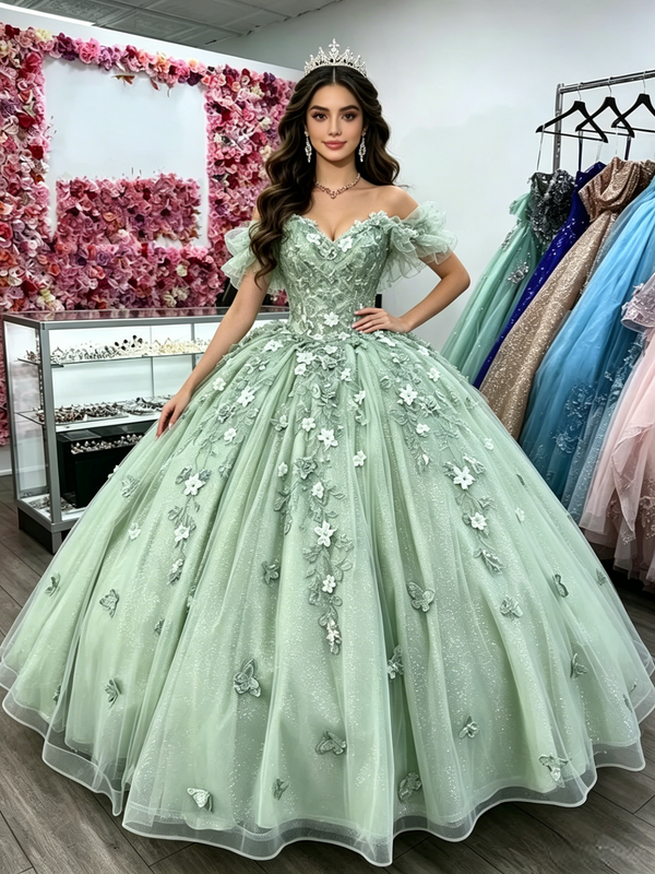 Green Tulle Off the Shoulder Appliques Quinceanera Dress