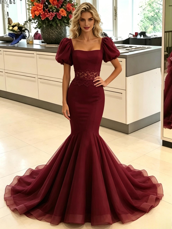 Burgundy Mermaid Puff Sleeve Prom Dress