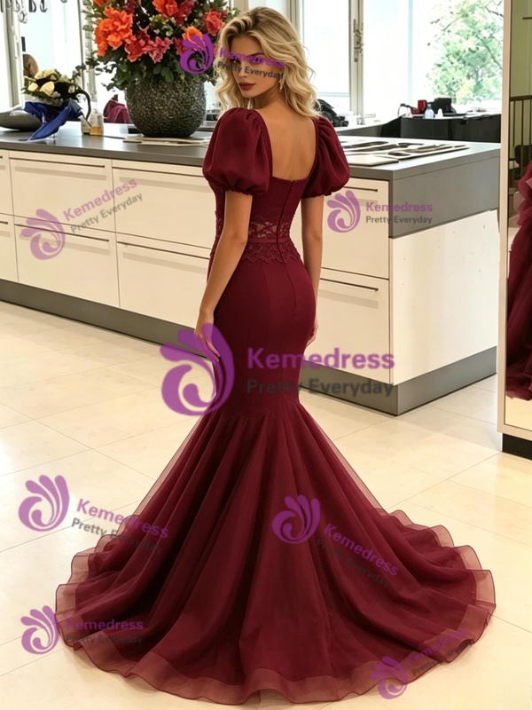 Burgundy Mermaid Puff Sleeve Prom Dress