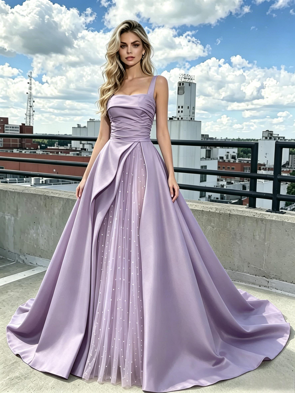 Purple Tulle Satin Straps Prom Dress