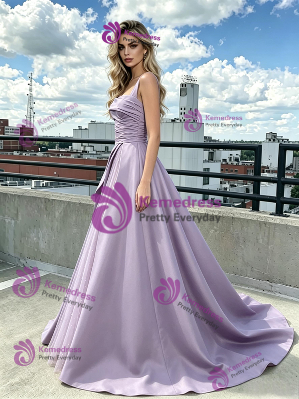 Purple Tulle Satin Straps Prom Dress