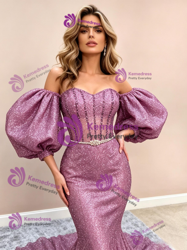 Purple Mermaid Sequins Puff Sleeve Prom Dress