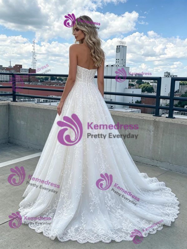Simple White Lace Strapless Prom Dress