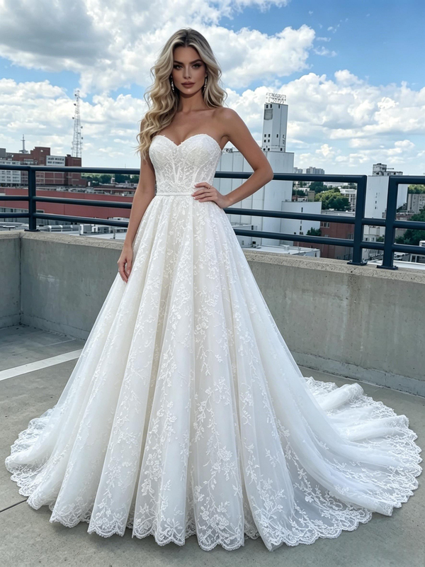 Simple White Lace Strapless Prom Dress