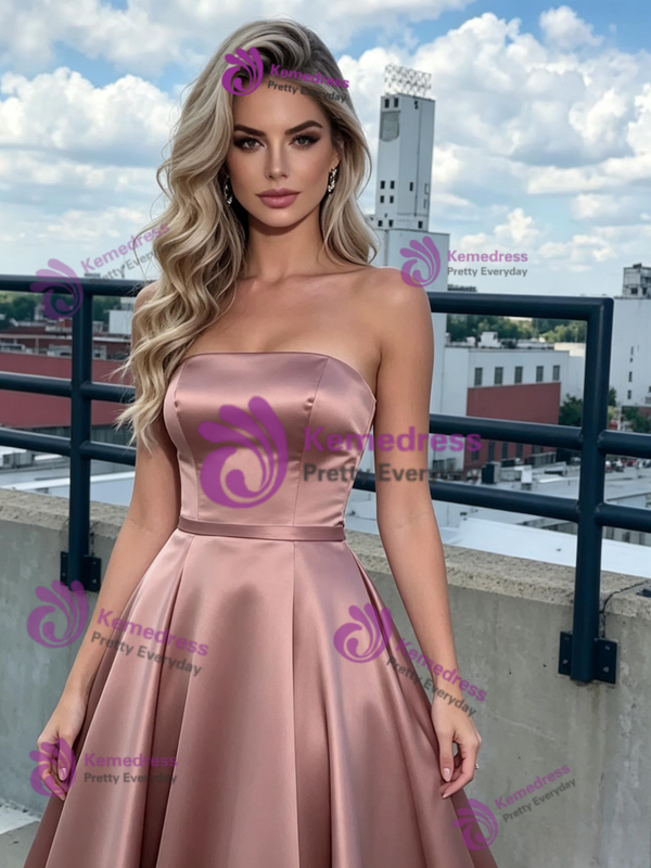 Pink Satin Strapless Prom Dress