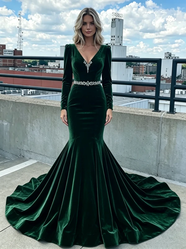 Burgundy Mermaid Velvet V-neck Prom Dress