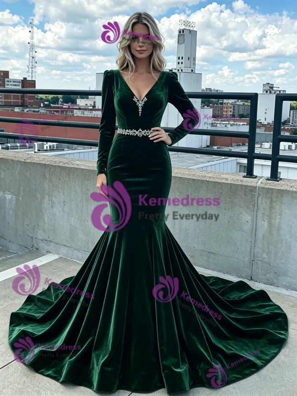 Burgundy Mermaid Velvet V-neck Prom Dress