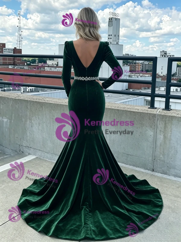 Burgundy Mermaid Velvet V-neck Prom Dress