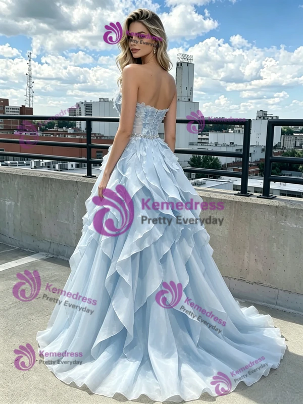 Blue Tulle Sleeveless Prom Dress
